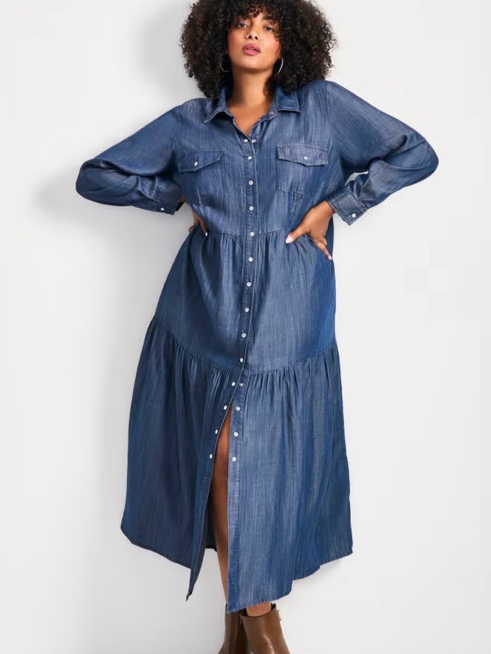 Avenue Denim tiered Button-Front Maxi Shirt Dress - Blue size 18 new